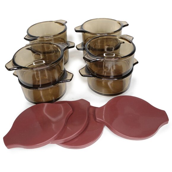 Vintage Dynaware Pyr-O-Rey Amber Glass Small Baking Casserole Bowls Mexico x 8 - Picture 6 of 15